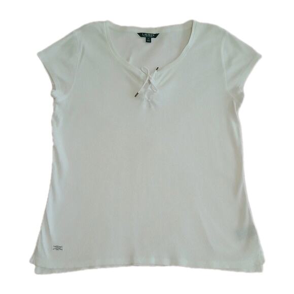 Lauren Ralph Lauren Tops - Lauren Ralph Lauren Womens XL White Ribbed Lace-Up V Neck Cotton Top Tee Tunic